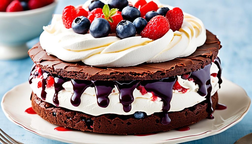 Berry brownie pavlova cake