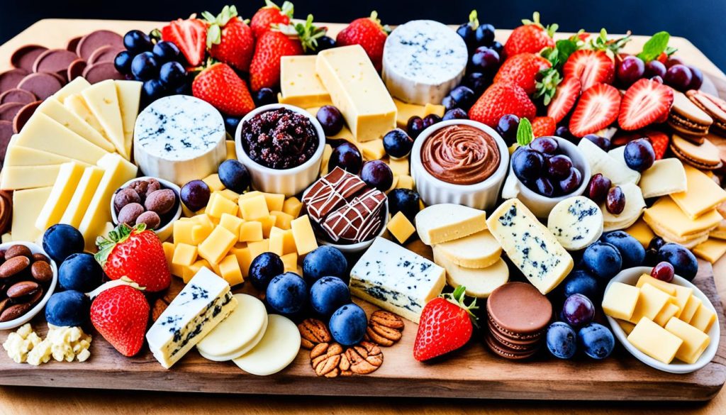 cheese pairings on a dessert charcuterie board